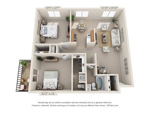 This is a 3D floor plan of a 865 square foot D style  2 bedroom, 2 and a half bath apartment at Blue Grass Manor Apartments in Erlanger, KY.